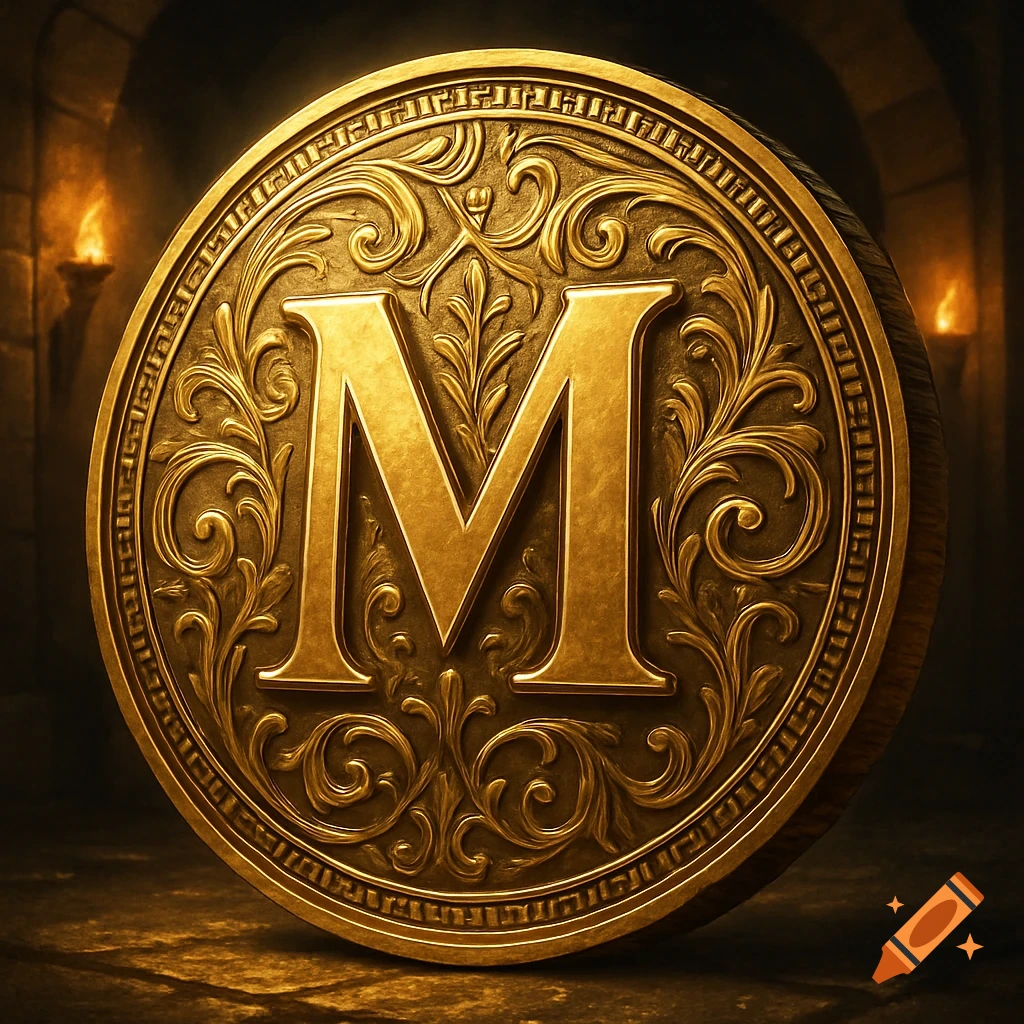 A large, ornate golden coin featuring a prominent 'M' in a torch-lit ancient chamber.