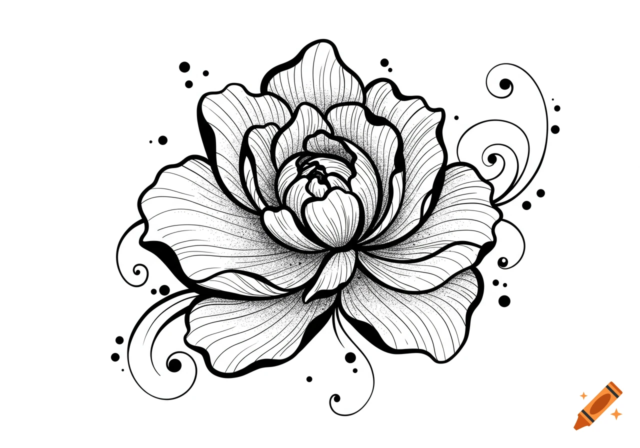 A detailed black and white line art drawing of a flower with swirling decorative elements and stippling.