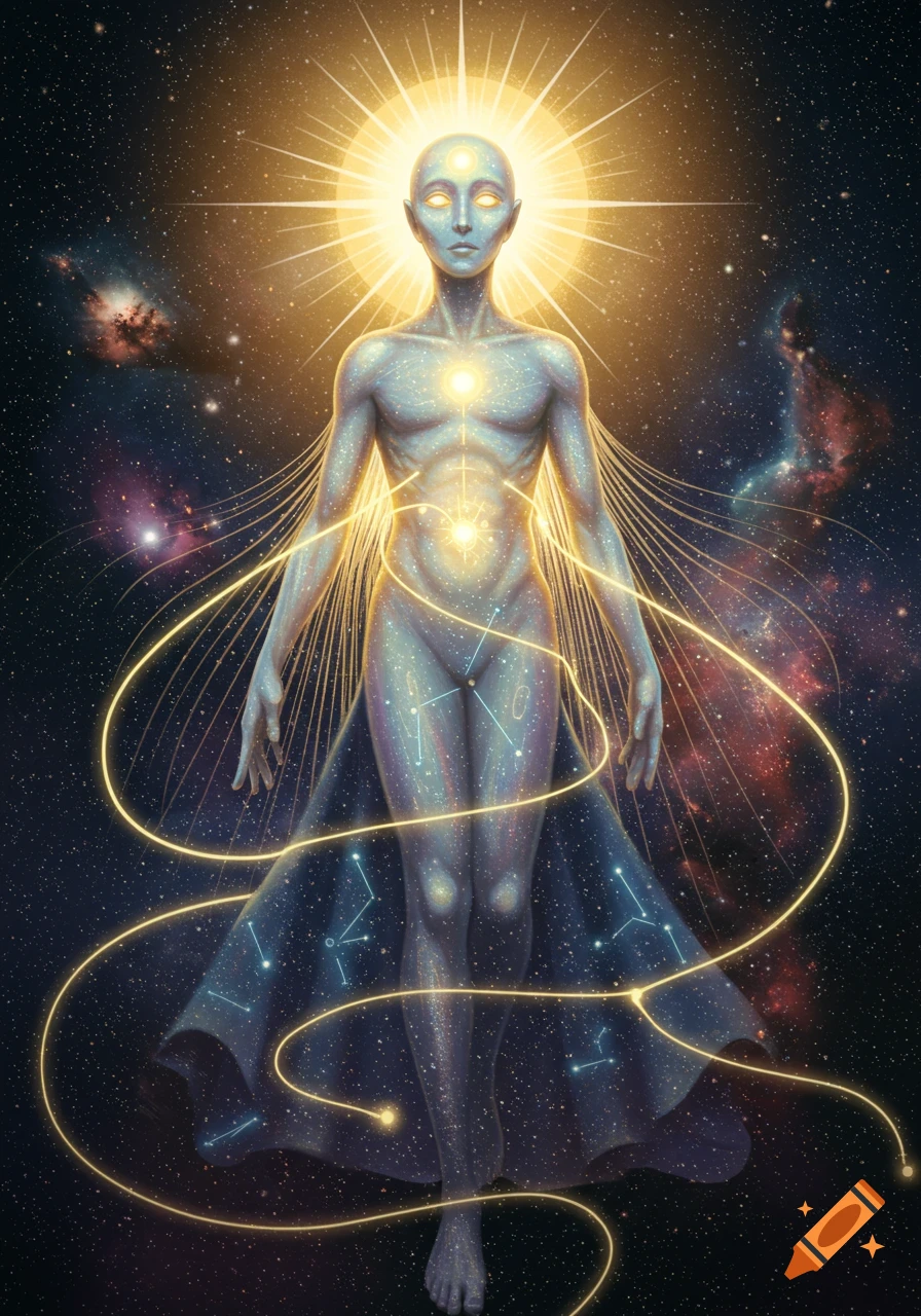 A radiant, ethereal being with a glowing head and star-filled body stands in a cosmic galaxy.