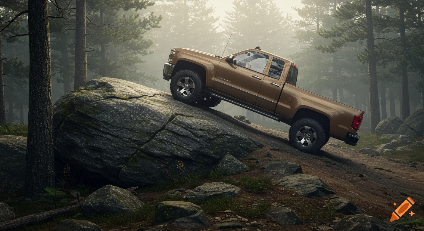 A photorealistic brown Chevy truck is parked on a large, mossy rock on a sloped forest floor with trees in the misty background.