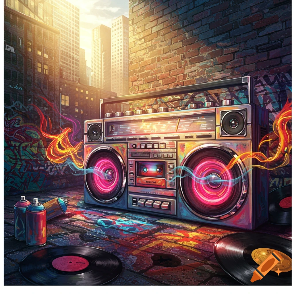 A colorful, retro boombox glows with neon sound waves in a vibrant, graffiti-covered urban alley with vinyl records and spray cans.
