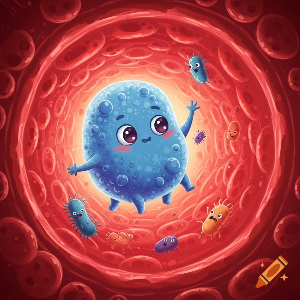 A cute, happy blue cartoon cell floats among smaller bacteria and red blood cells inside a red blood vessel.