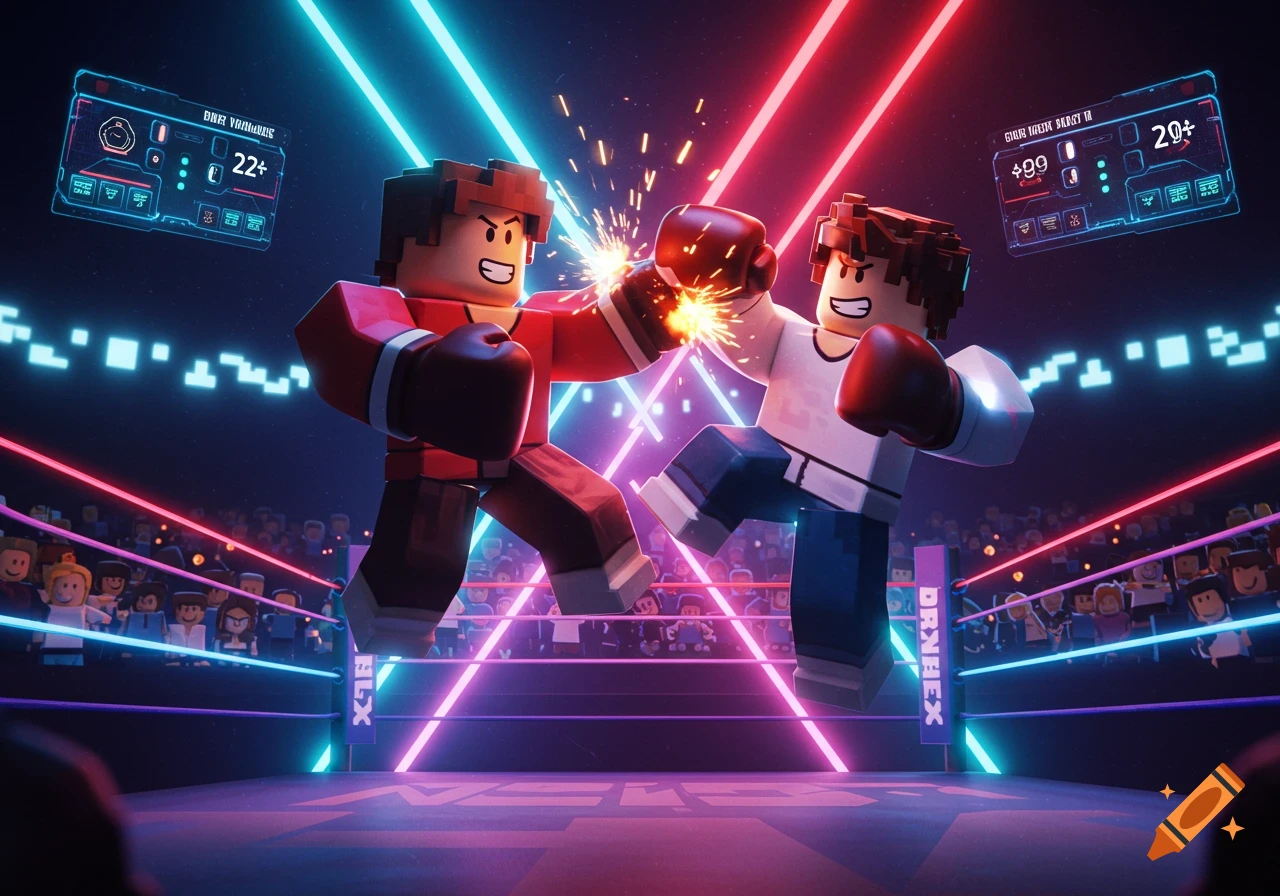 Two Roblox-style characters boxing in a neon-lit ring, with an audience and holographic displays.