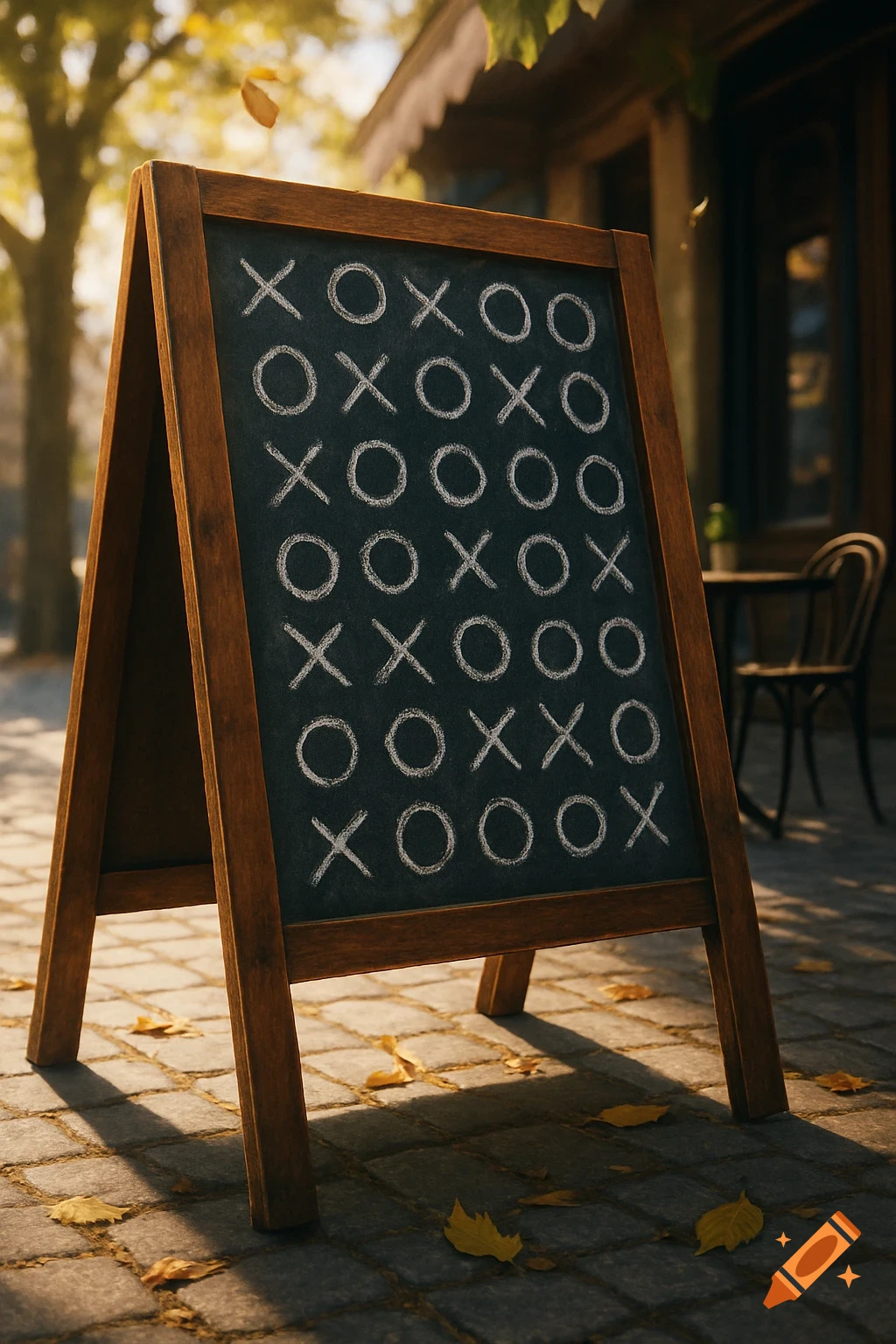 A photorealistic image of a wooden A-frame chalkboard with rows of X's and O's on a cobblestone sidewalk with scattered autumn leaves.