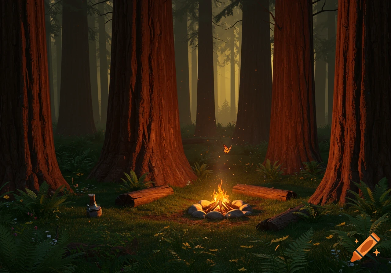A glowing campfire surrounded by logs and rocks on a grassy forest floor with towering redwood trees and a monarch butterfly.