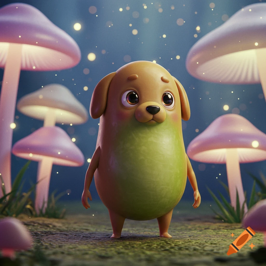 A cute, bean-shaped creature with a dog's head stands among glowing mushrooms and sparkling lights in an enchanted forest.