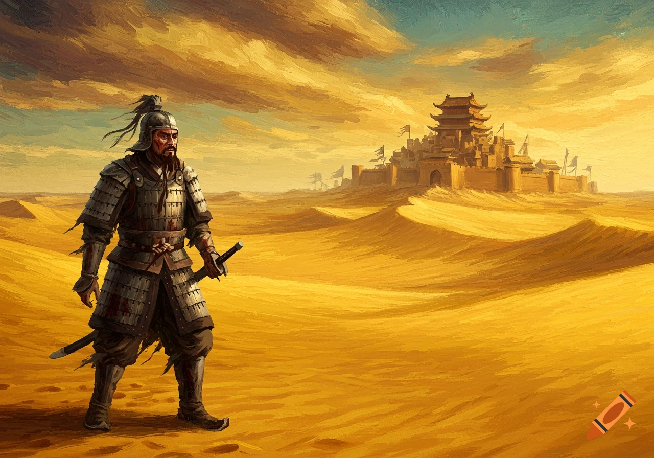 A painted image in Van Gogh style showing an ancient Chinese general in armor holding a sword, standing in a vast desert with a large fortress in the background.