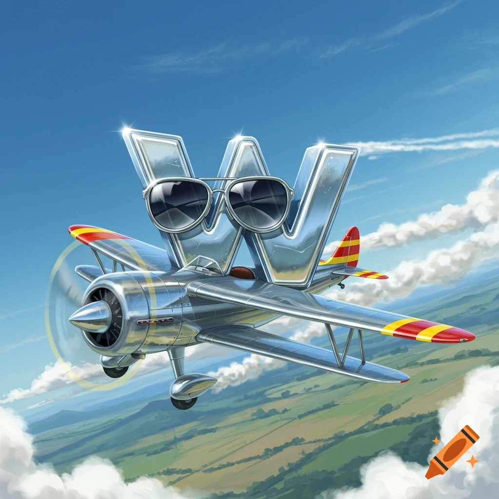 A shiny silver letter W with aviator sunglasses flies a biplane through a blue sky with clouds over green fields.