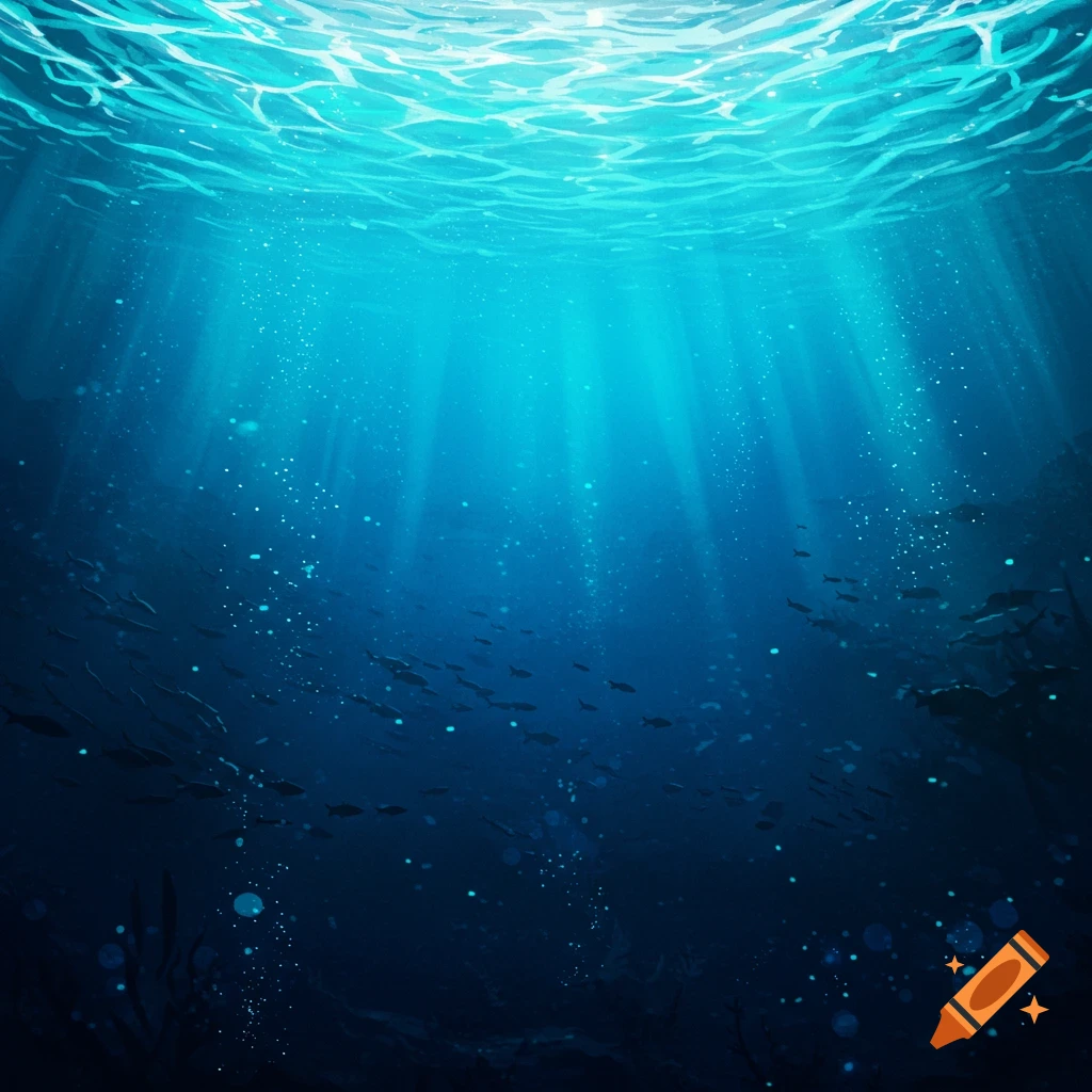 Sunlight streams through the rippling water surface into a deep blue ocean, illuminating schools of fish and particles.