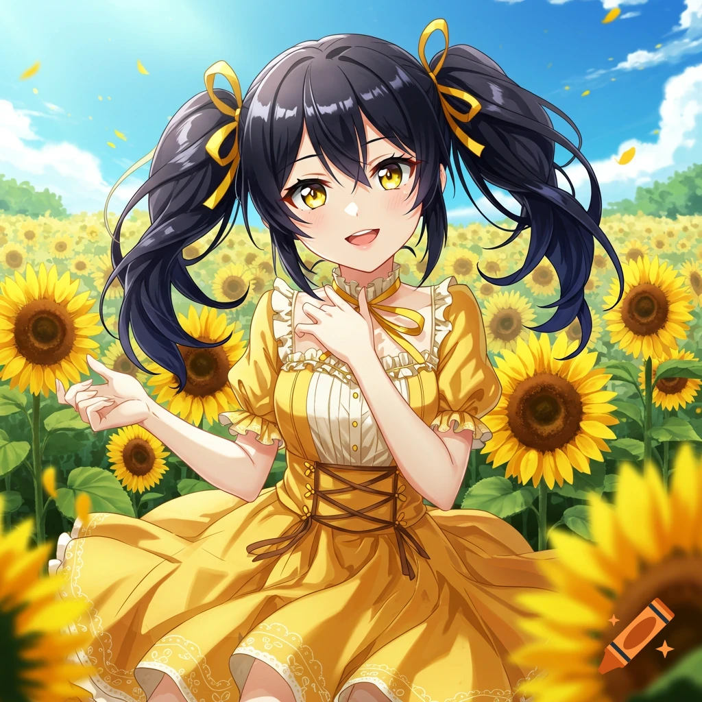An anime girl with black pigtails and a yellow dress stands smiling in a vibrant sunflower field under a blue sky.