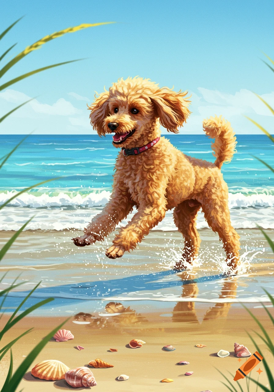 A golden poodle dog with a pink collar runs through shallow ocean water on a sunny beach, splashing as it goes. Seashells lie on the sand.