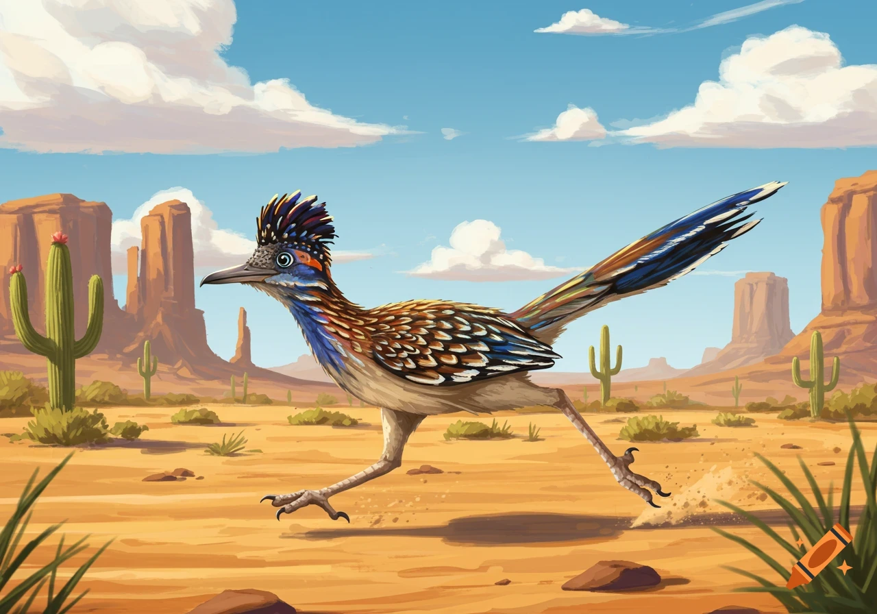 An illustrated roadrunner runs through a desert landscape with cacti and mesas under a blue sky.