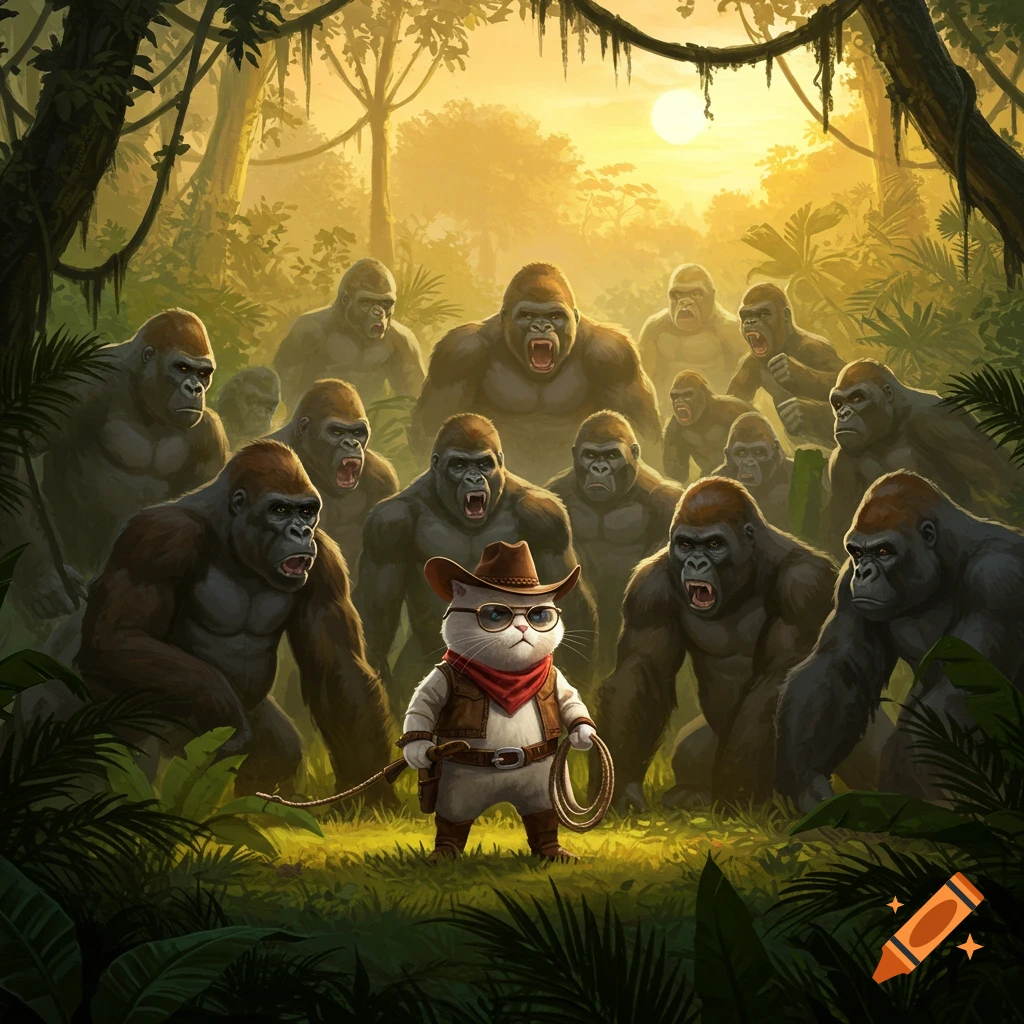 A white cat in a cowboy hat and sunglasses holds a lasso, surrounded by a large group of aggressive gorillas in a jungle setting at sunset.