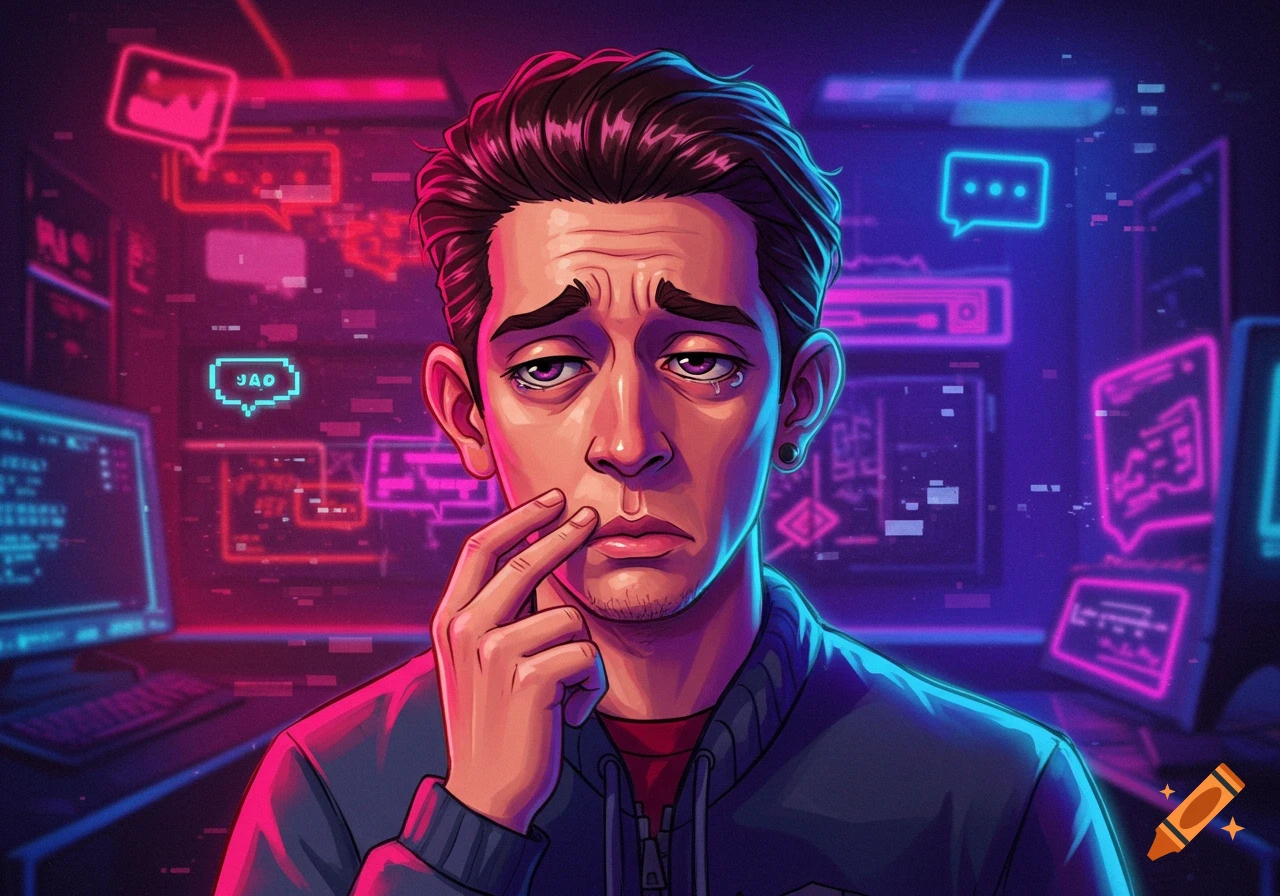 A distressed man with a tear in his eye, wearing a hoodie, sits in a neon-lit cyberpunk room with computers and glowing chat bubbles.
