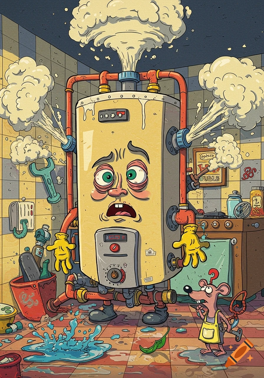 A worried, anthropomorphic water heater spouts steam and water in a messy utility room, while a curious cartoon rat watches.