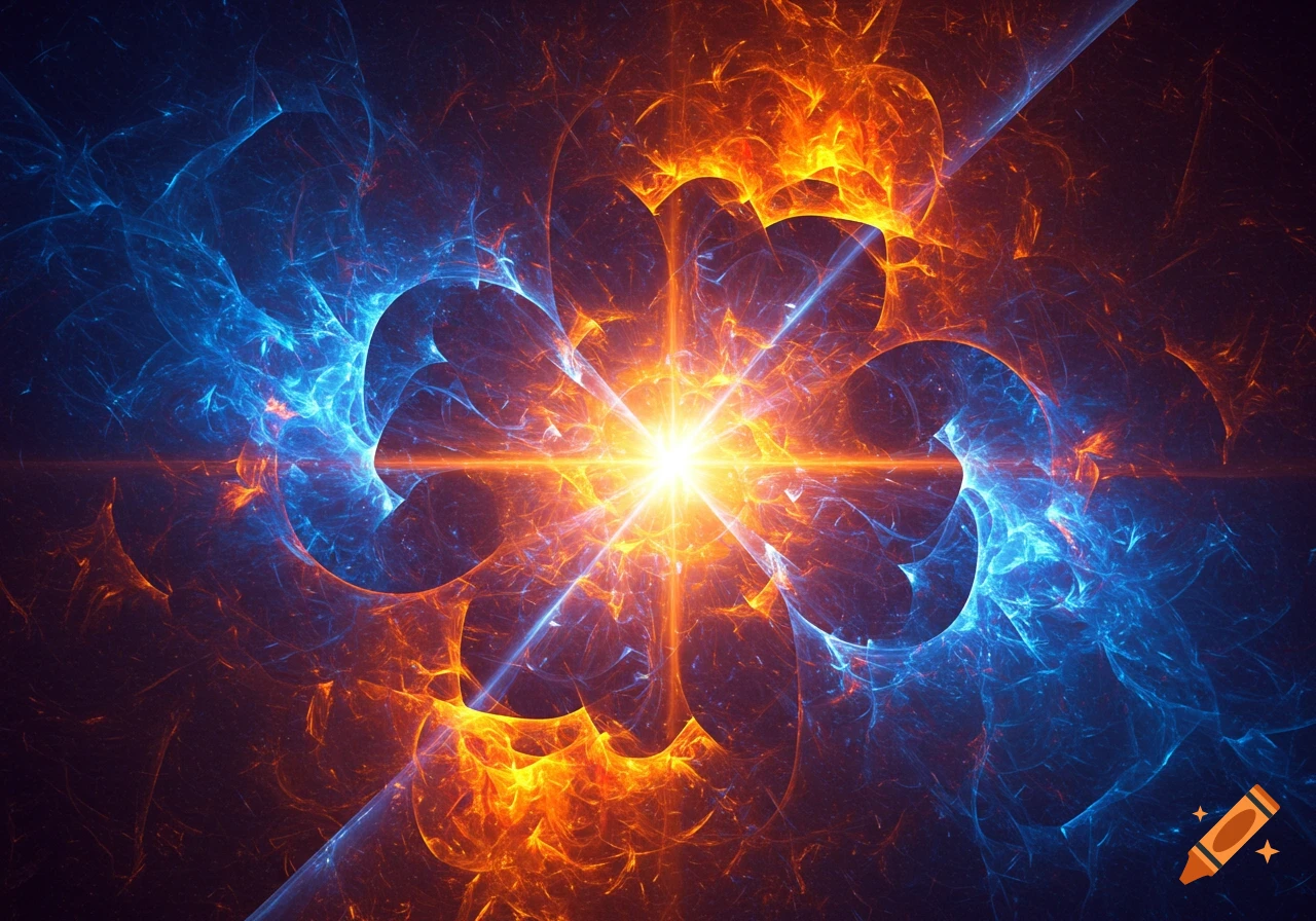 Vibrant abstract image with a bright central light source surrounded by swirling blue and orange energy patterns.