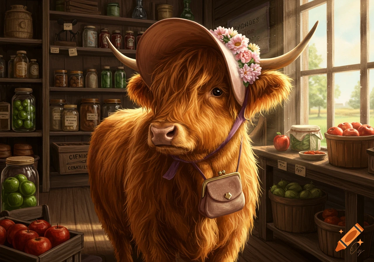A fluffy Highland cow wearing a wide-brimmed hat with flowers and a small purse stands in a rustic general store.