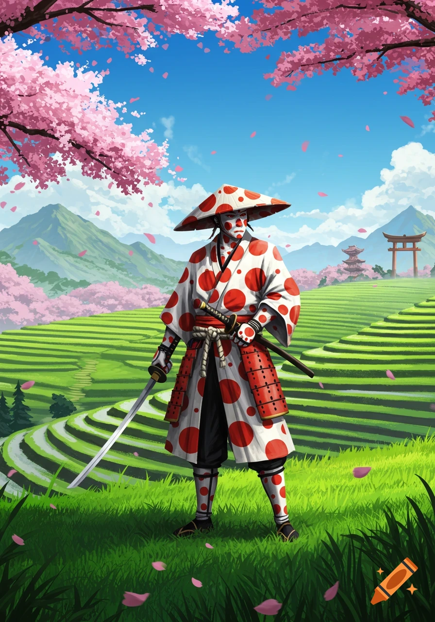 A polka-dotted samurai stands with a sword in a green terraced landscape with pink cherry blossoms and distant mountains.