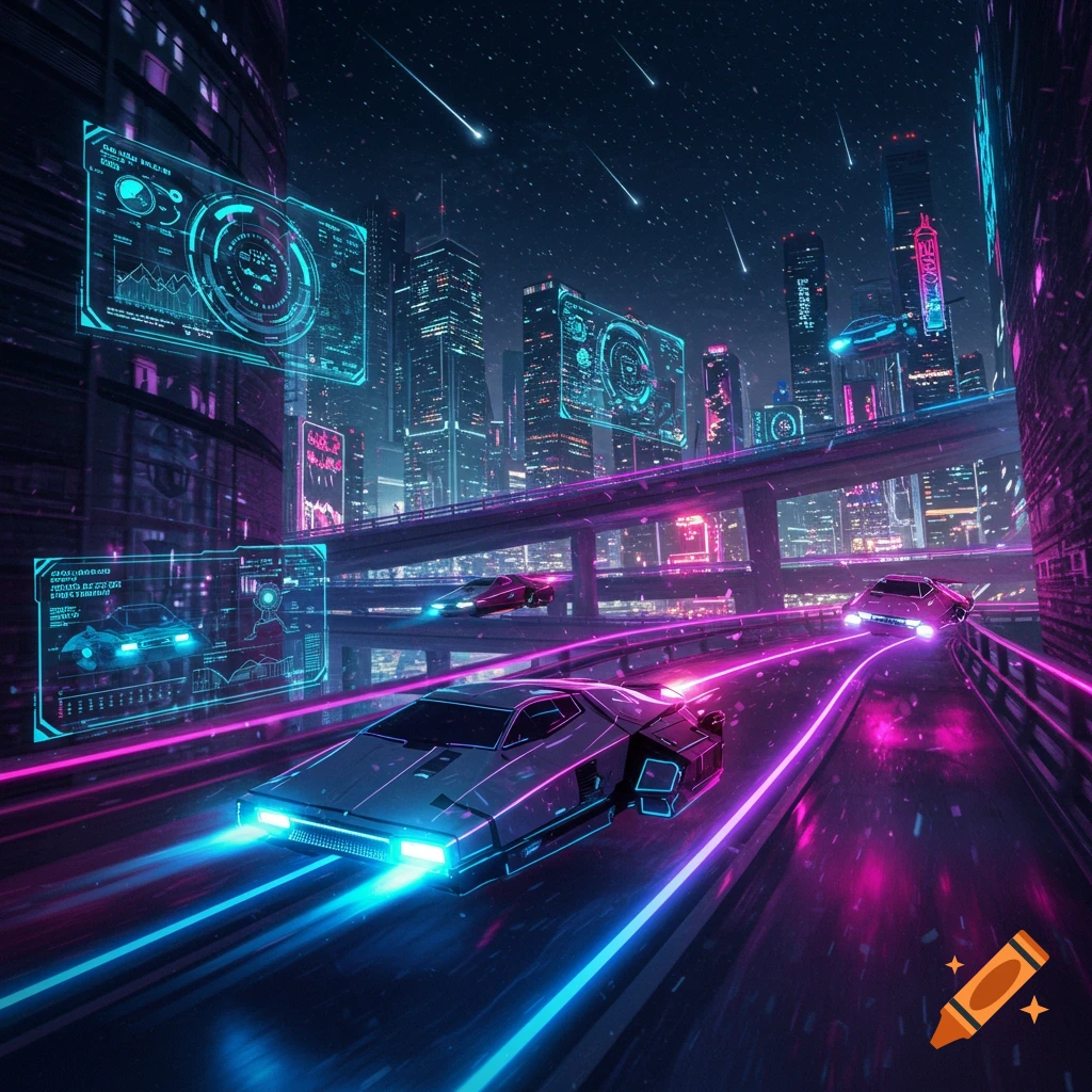 A futuristic cyberpunk city at night with flying cars on neon-lit roads under a starry sky with meteors. Digital art.