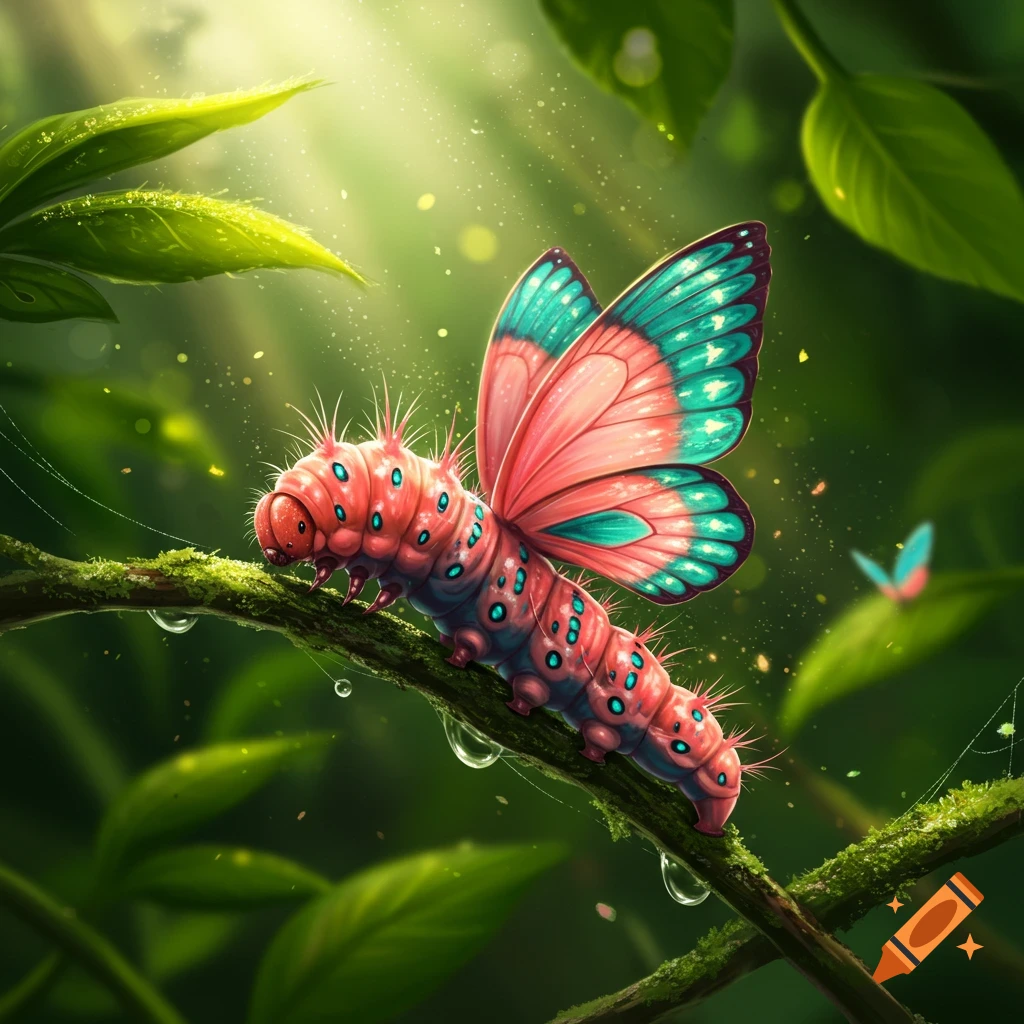 A vibrant pink and teal caterpillar with butterfly wings perches on a mossy branch in a sunlit, green forest.