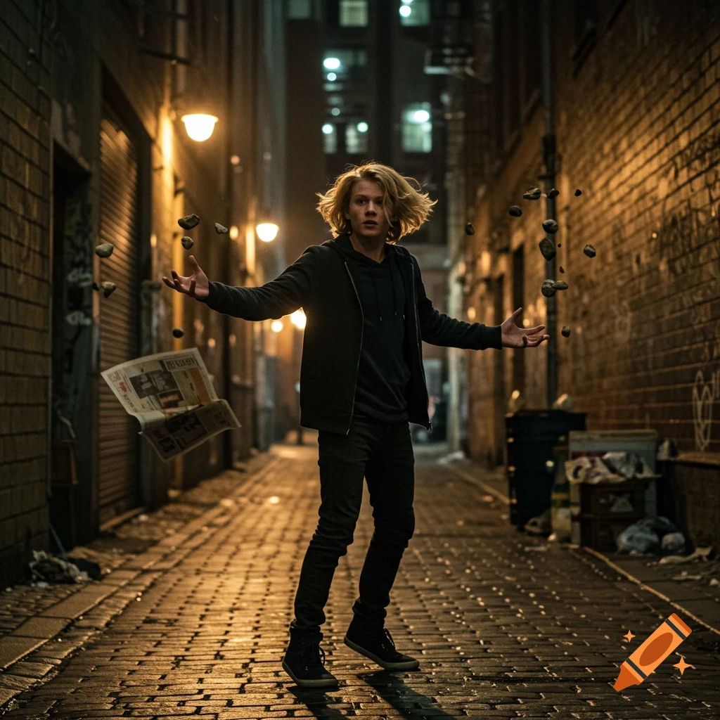 A blond teenager with telekinetic powers in a dark, wet alley, surrounded by floating rocks and a newspaper, at night.