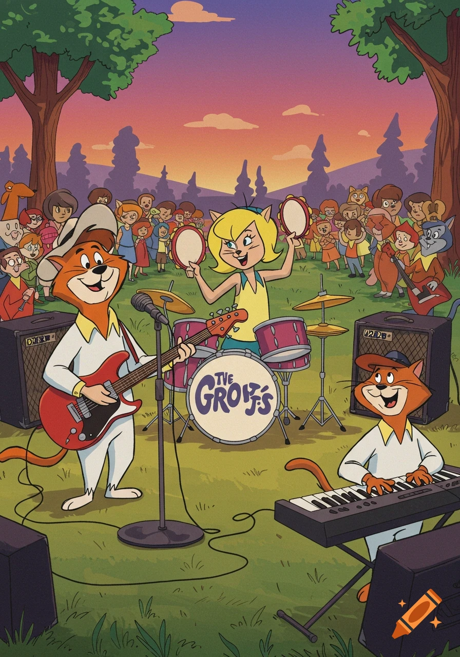 Cartoon cat band performs outdoors at sunset. A guitar-playing cat, a drummer cat, and a keyboardist cat play for a crowd.