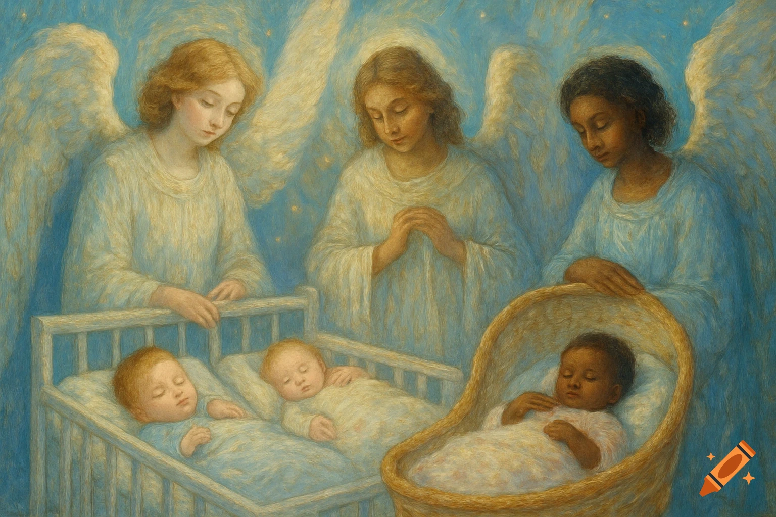 Three winged angels with soft expressions watch over three sleeping infants in cribs against a starry, blue sky background in a painterly style.