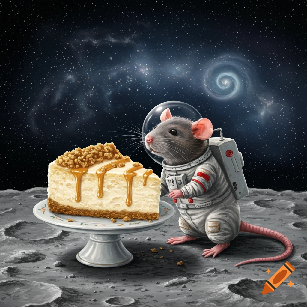A cute rat in an astronaut suit stands next to a slice of cheesecake on the moon, with a starry space background.
