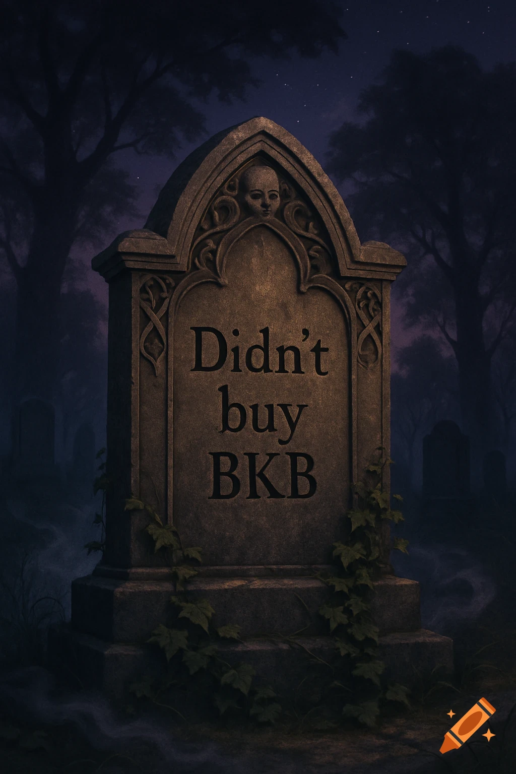 A stone gravestone in a dark, misty cemetery at night, with the words "Didn't buy BKB" carved into it. A small skull is carved above the text.
