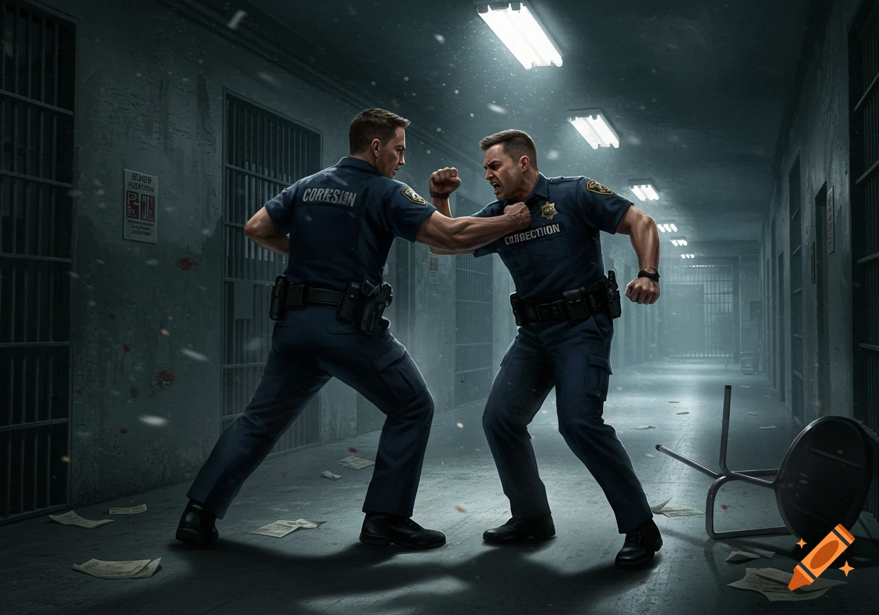 Two corrections officers in a dramatic fistfight in a dark, atmospheric prison hallway, photorealistic style.