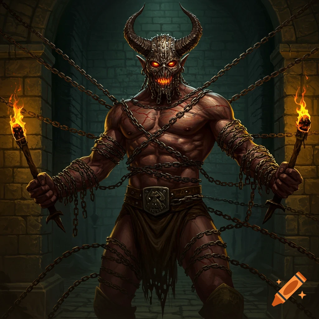 A full-body portrait of a chained demon with horns and glowing red eyes, holding two flaming torches in a dark dungeon, in a dark fantasy art style.