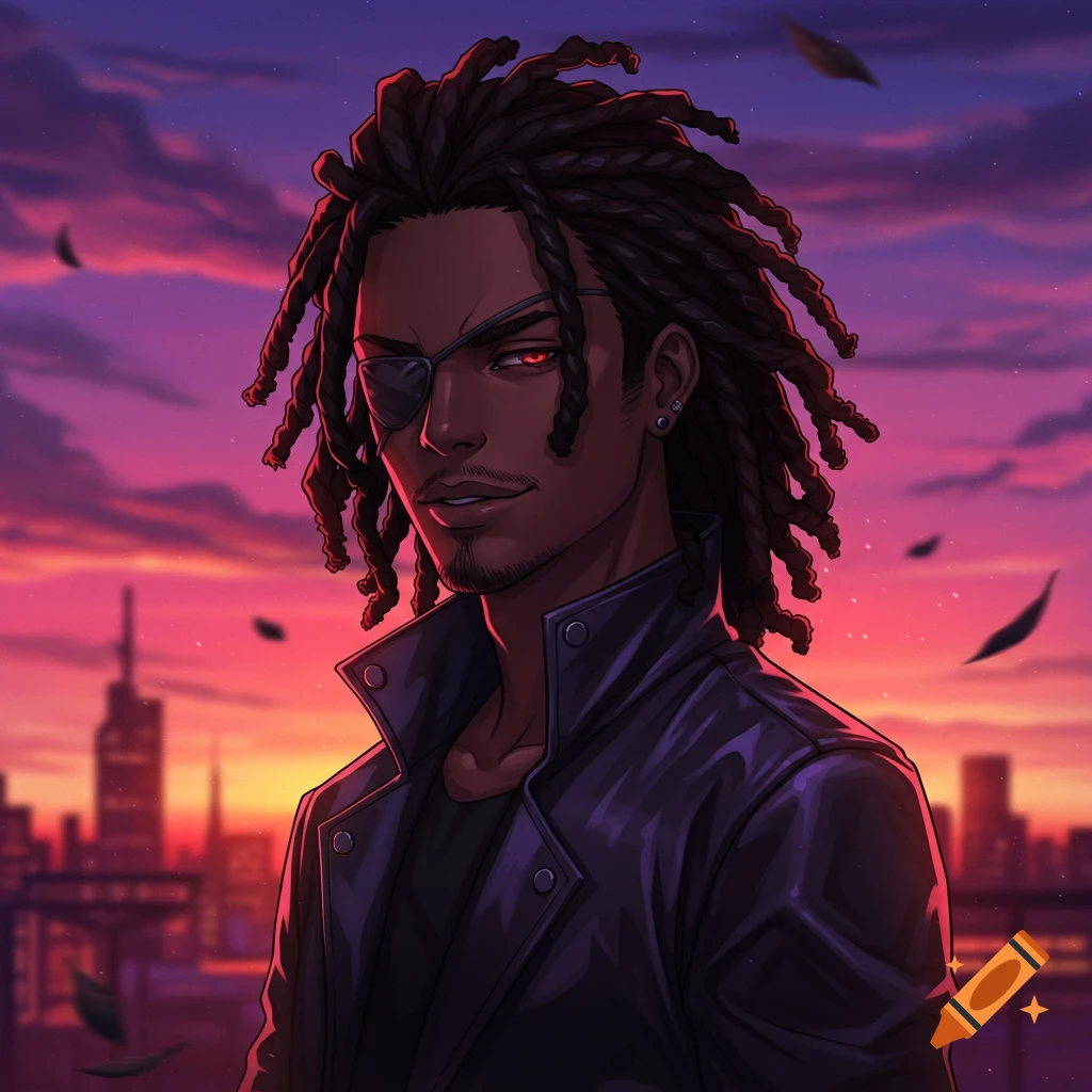 Anime portrait of a Black male with dreadlocks and an eyepatch, set against a vibrant sunset cityscape.