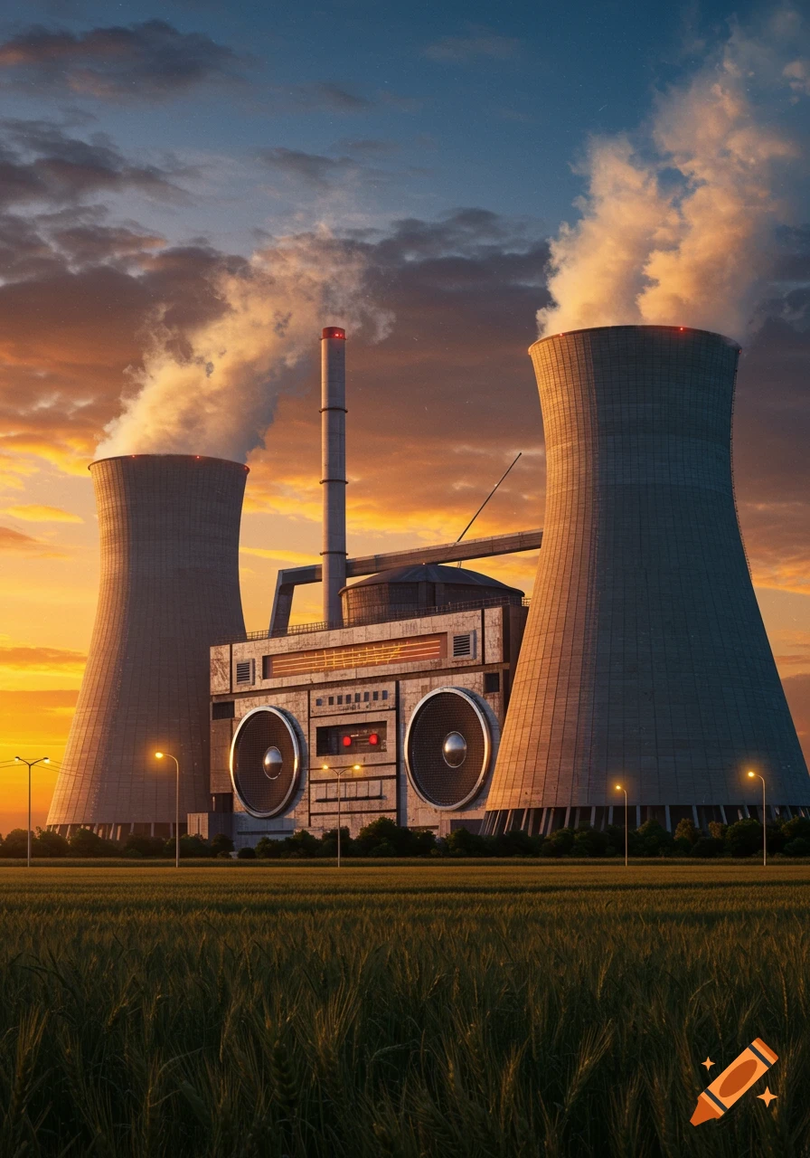 A photorealistic nuclear power plant shaped like a boombox stands in a golden field under a vibrant sunset.