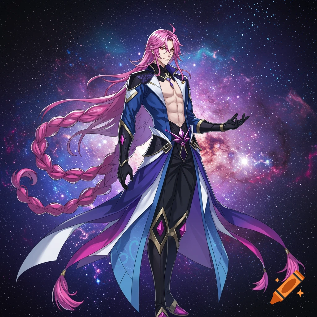 A male character with long pink braided hair and an open blue and purple coat revealing his abs, standing against a galaxy background in an anime style.