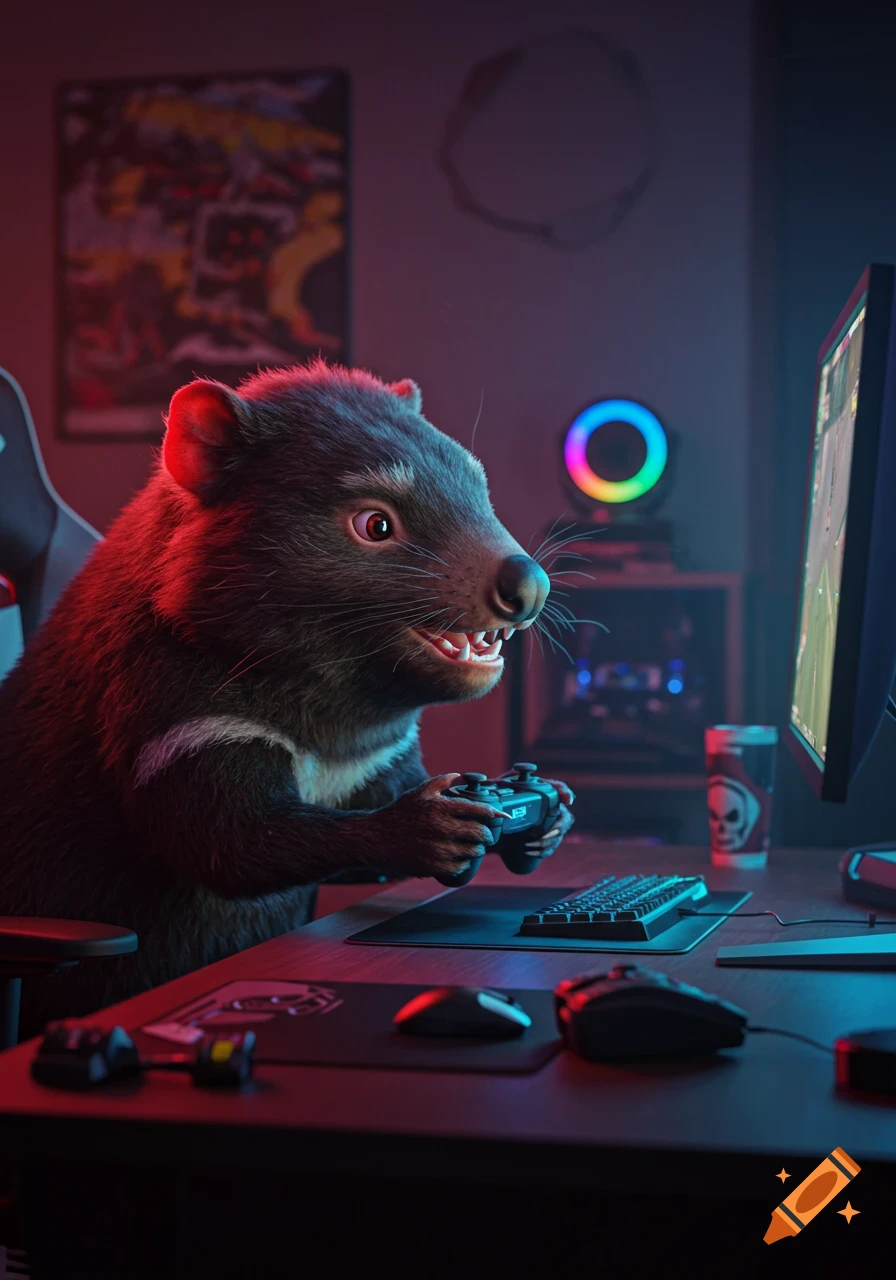 Photorealistic Tasmanian devil playing video games intensely at a computer desk in a dimly lit room.