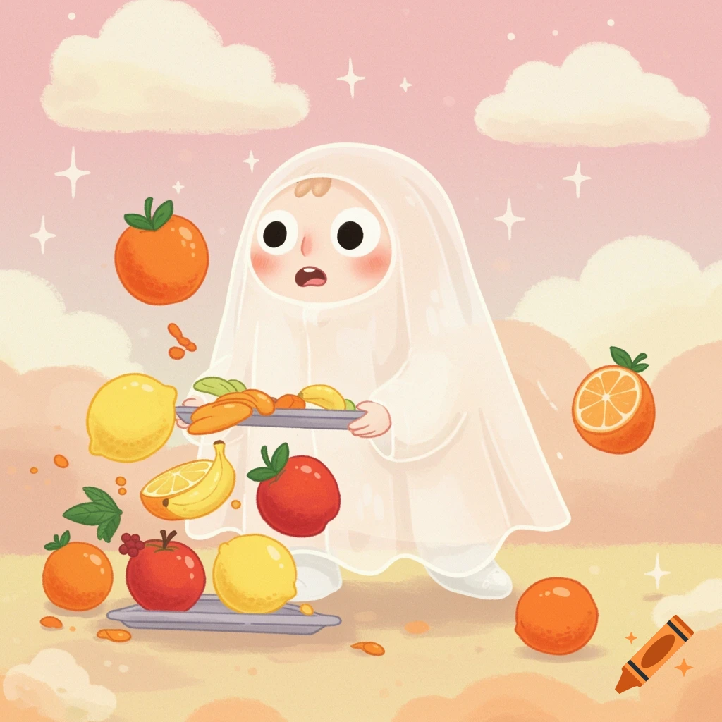A cute, surprised baby ghost holds a tray of colorful fruit, with more fruit floating around in a whimsical, pastel sky.