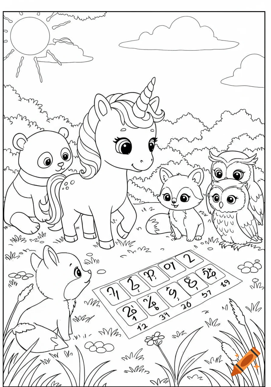 Line art coloring page showing a baby unicorn teaching a panda, two foxes, and two owls to count, with a number board on the ground.