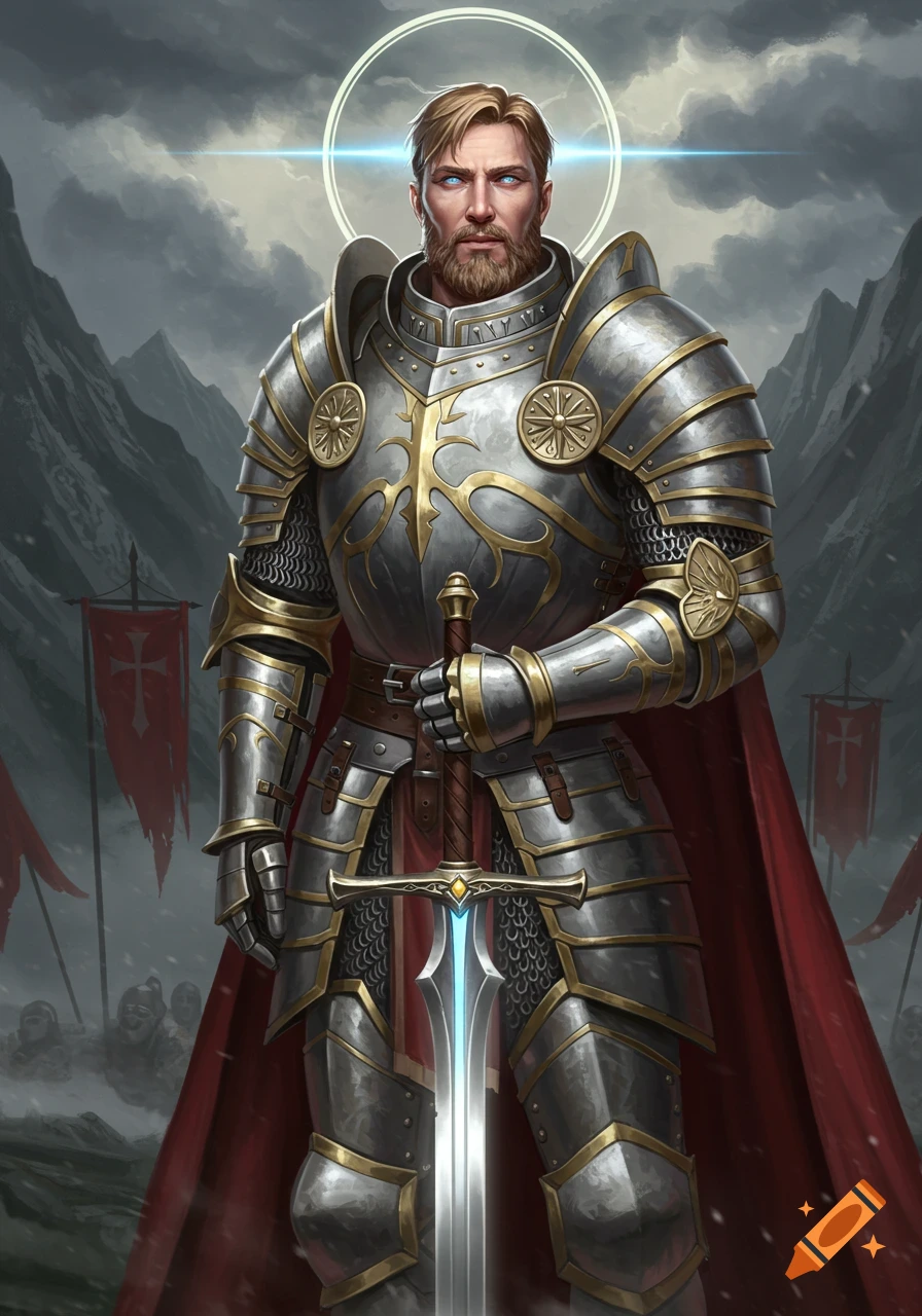 A majestic paladin in detailed silver and gold armor holds a glowing sword, standing in a snowy mountain pass with red banners.