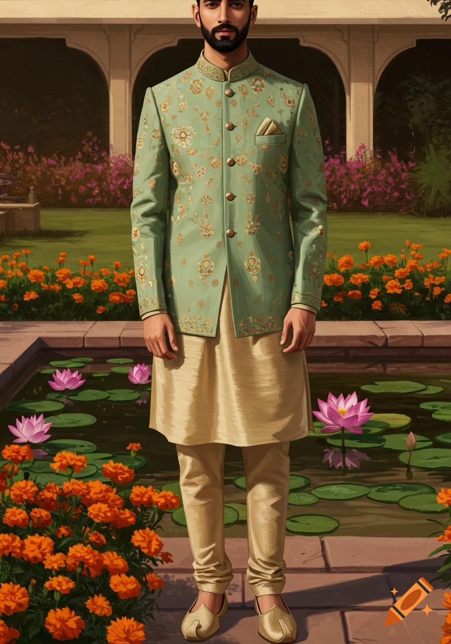 An Indian groom in a sage green embroidered jodhpuri jacket and beige kurta pajama stands in a lush garden with a lily pond.