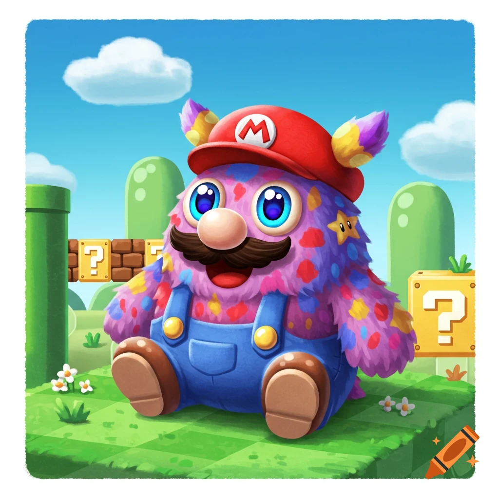 A fluffy, colorful monster dressed as Mario sits in a Super Mario Bros. landscape with pipes and blocks, in a digital illustration style.