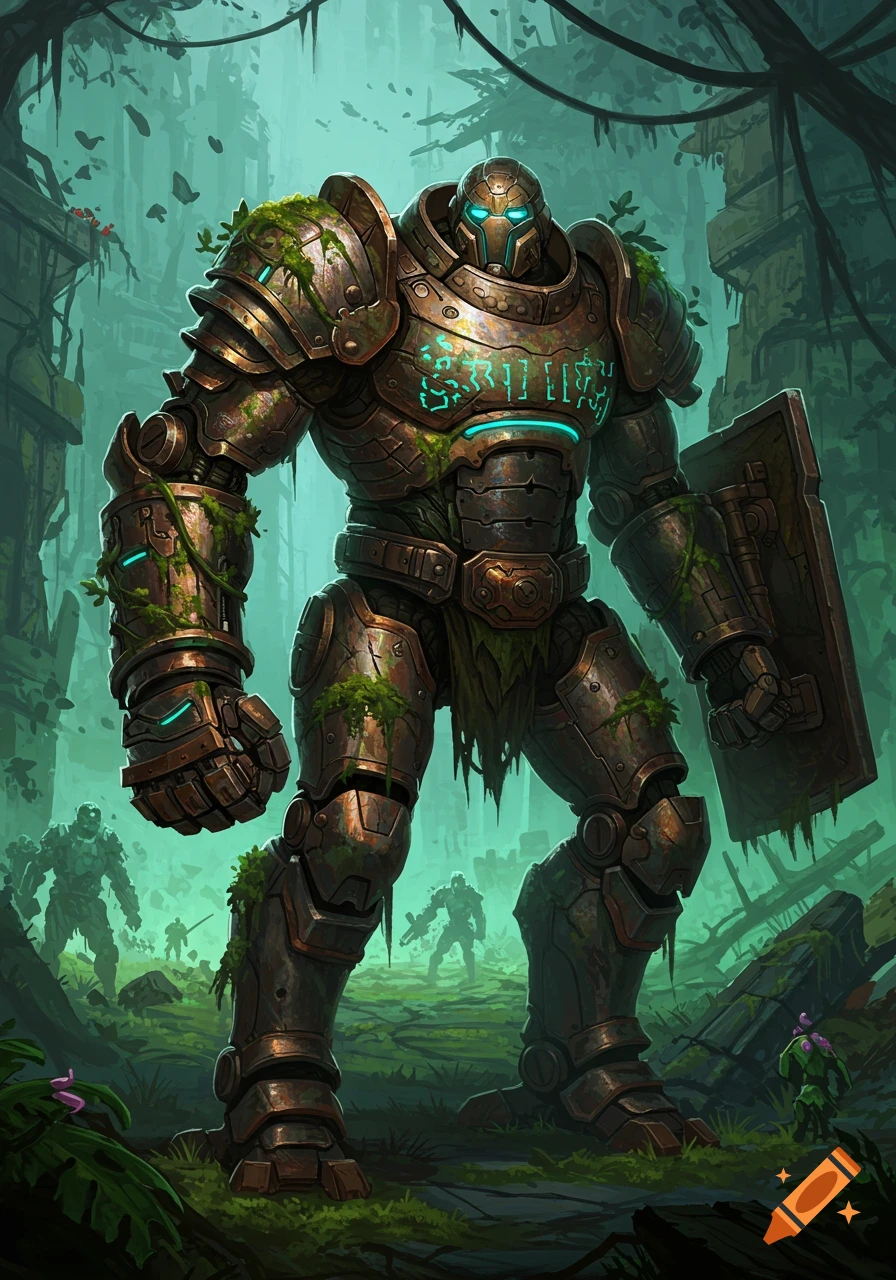A heavily armored, moss-covered robot with glowing eyes and etchings, holding a shield in a jungle-overgrown ruined city, stylized.