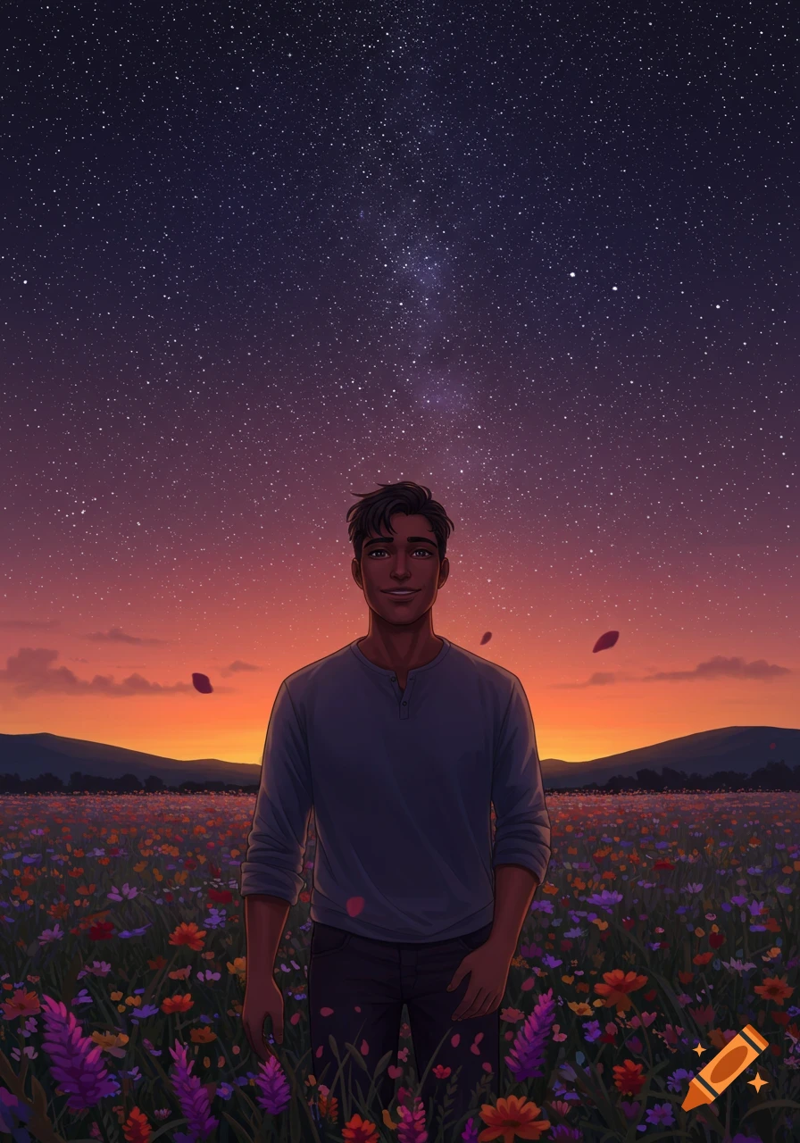 Illustrative portrait of a man standing in a field of colorful flowers under a starry night sky with a sunset glow.