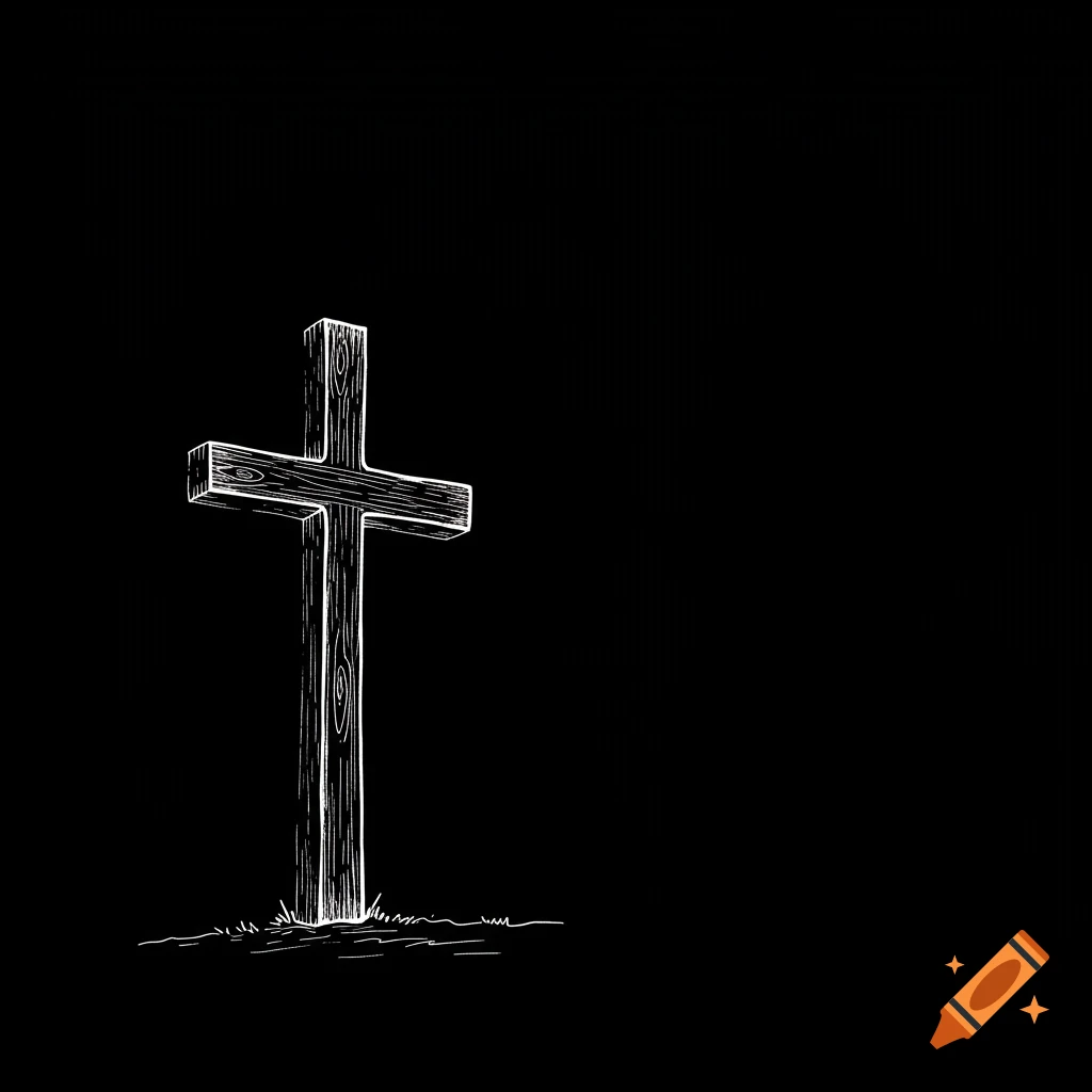A white sketch of a wooden cross in the ground on a black background.