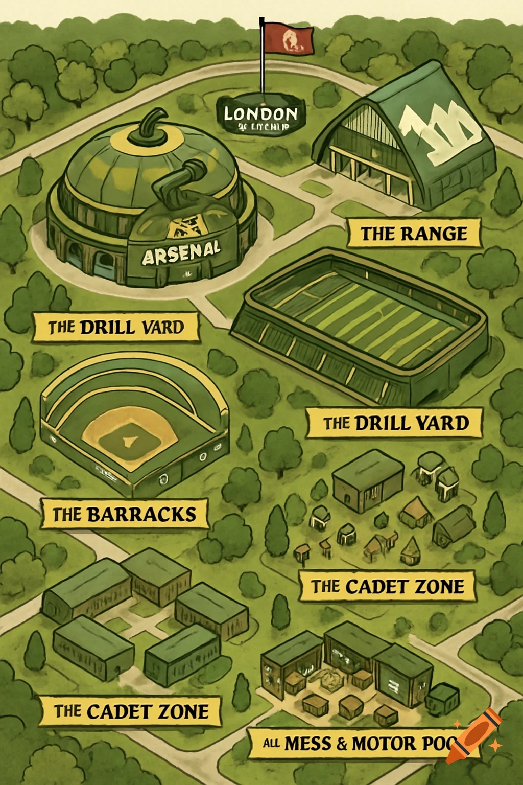 A stylized, illustrated aerial map of a military-themed sports complex in green and gold tones, showing various labeled buildings and pathways.