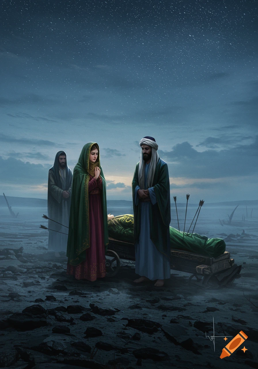 Three robed figures mourn over a body pierced with arrows on a cart in a desolate, rocky landscape under a starry sky, in a painting.