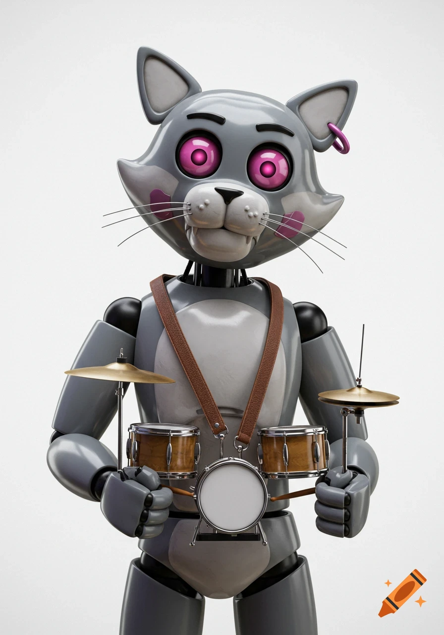 A gray cat animatronic with pink eyes and an ear piercing plays a drum set attached by a brown strap, against a white background.