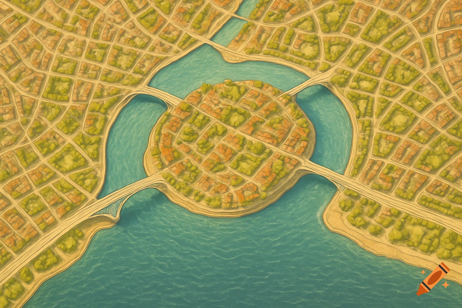 A stylized overhead map depicting a city with a central island connected by three bridges over a river.