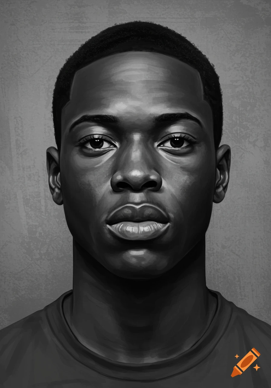 A black and white illustrative portrait of a young Black American man looking directly forward.