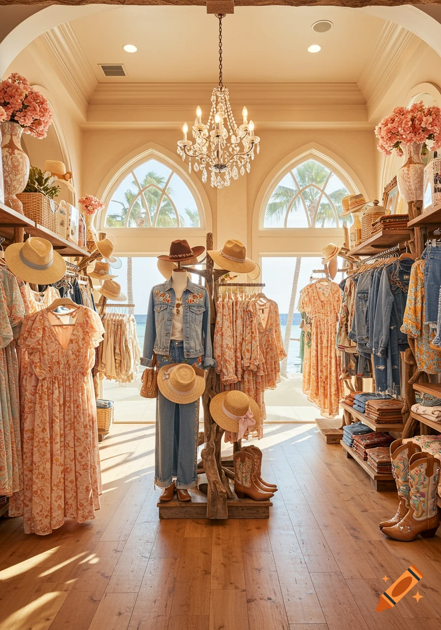A bright, airy clothing boutique with boho and western style garments, hats, and cowboy boots, featuring arched windows overlooking a sunny beach.
