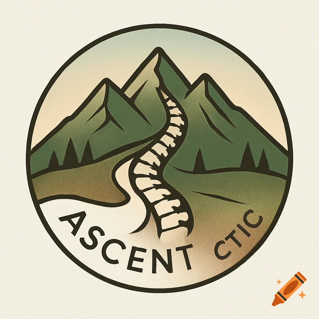 A circular logo features three green mountains with a pathway winding down that is an anatomically accurate spine, with text "ASCENT CTIC" below.